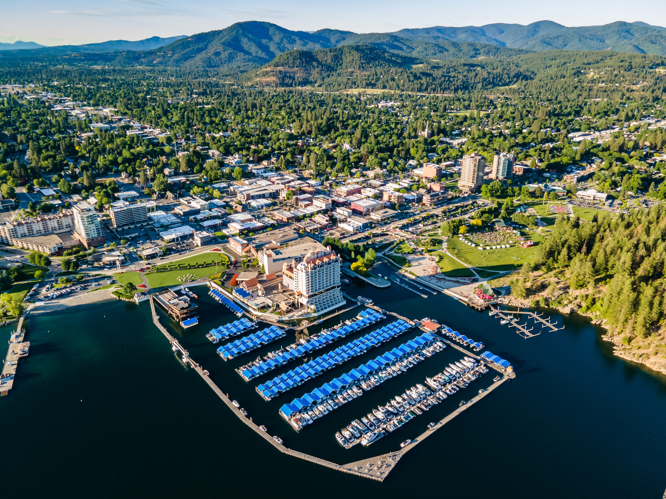 cda resort Aerial View of Downtown Coeur d'Alene, ID.